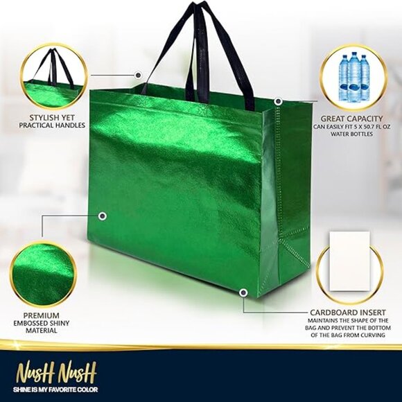 Green Gift Bags XL Size – Set of 12 Reusable Extra Large Green Gift Bags - Picture 3 of 4